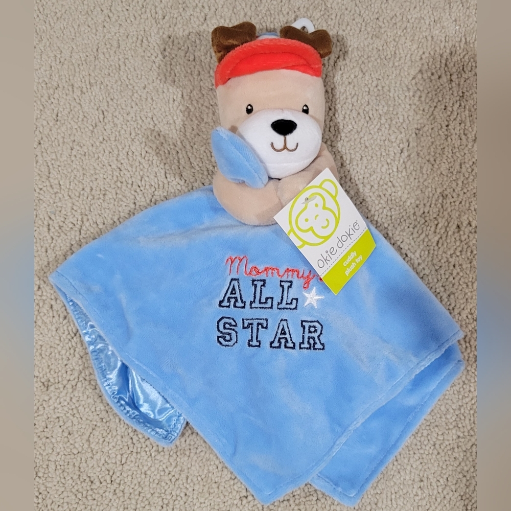 OKIE DOKIE MOMMY’S ALL STAR DOG RATTLE BLUE SECURITY BLANKET LOVEY.